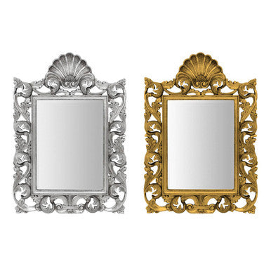 Two ornate mirrors, one silver and one gold, on a white background
