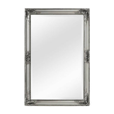 Decorative silver mirror with intricate frame on a white background