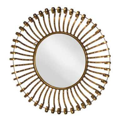 Round mirror with gold metallic frame on a white background