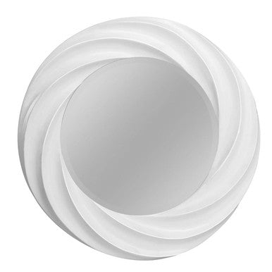 Round mirror with concentric white circles on a white background