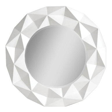 Geometric white mirror with a diamond pattern on a white background