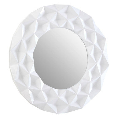Round mirror with a white geometric frame on a white background