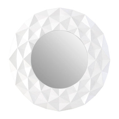 Round mirror with a geometric white frame on a white background