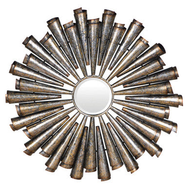 Decorative wall mirror with sunburst design on a white background