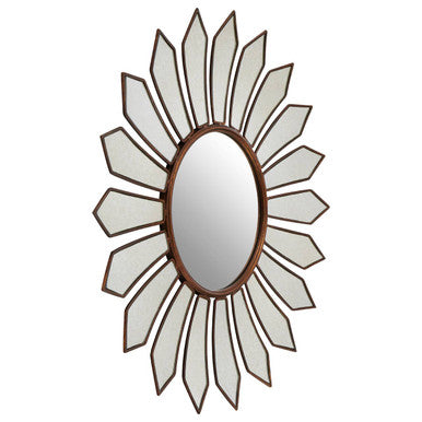 Decorative wall mirror with sunburst design on a white background