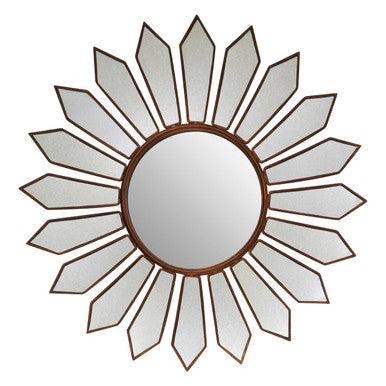 Sun-shaped mirror with a wooden frame on a white background