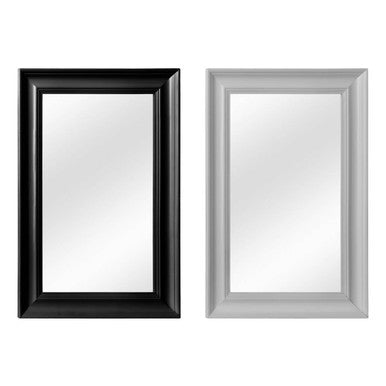 Two mirrors, one black and one silver, on a white background