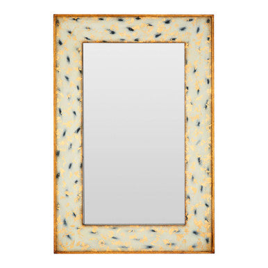 Rectangular mirror with a decorative frame featuring a pattern of small shapes on a white background