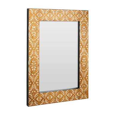 Decorative mirror with a gold and white patterned frame on a white background