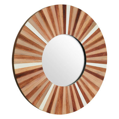 Round mirror with a sunburst pattern of wooden slats on a white background