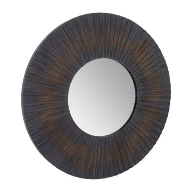 Round mirror with a dark wooden frame on a white background