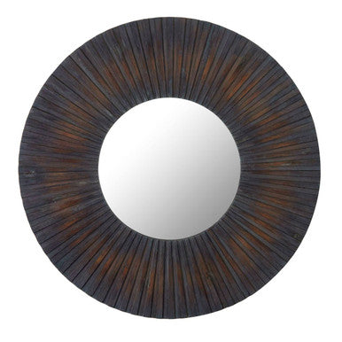 Round mirror with a dark wooden frame on a white background