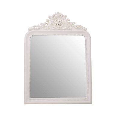 Decorative white mirror with intricate carvings on a white background