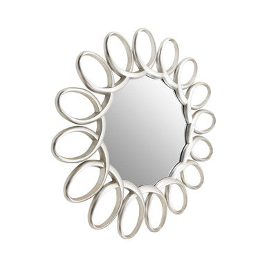 Decorative wall mirror with a white, wavy frame on a white background