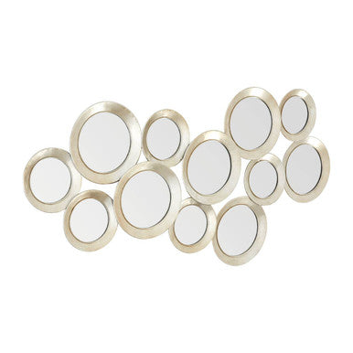 Decorative wall mirror with circular mirrors and gold frames on a white background