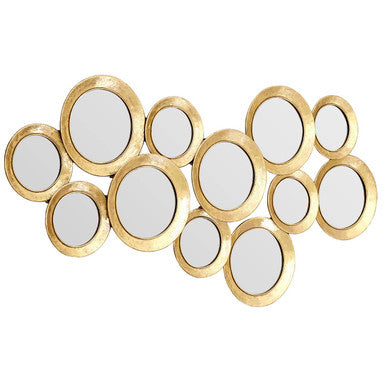 Decorative wall mirror with gold frames and circular mirrors on a white background