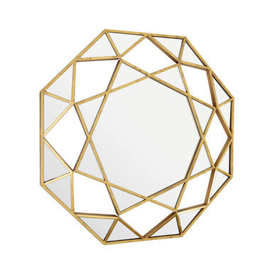 Geometric gold-framed mirror on a white background