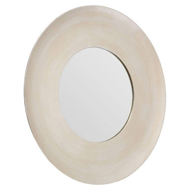 Round wall light fixture with a beige or off-white finish on a white background