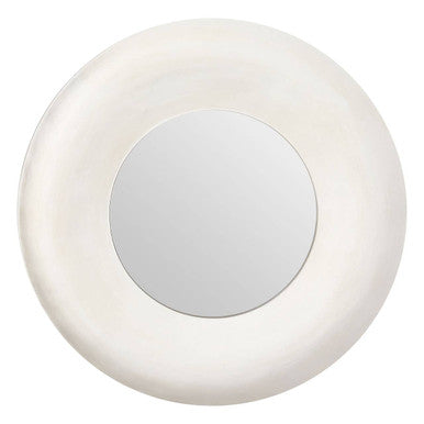 Round white light fixture on a white background