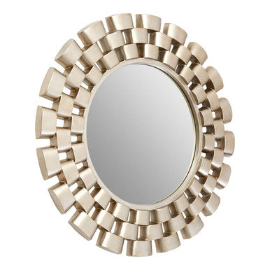Round decorative mirror with a metallic frame on a white background