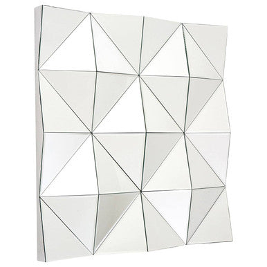 Geometric wall mirror with triangular design on a white background