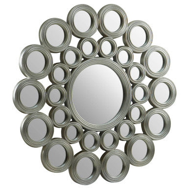 Decorative wall mirror with circular silver frames on a white background