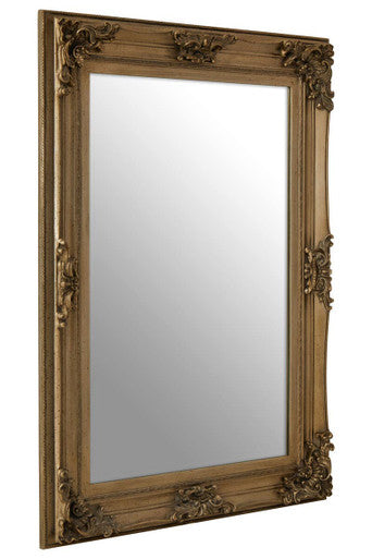 Decorative wall mirror with ornate gold frame on a white background