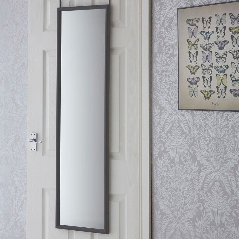 Full-length mirror on a white door with butterfly artwork on the wall.