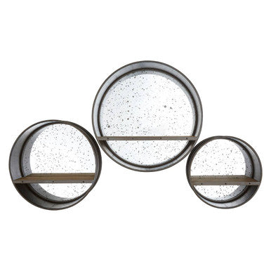Set of three round wall shelves with speckled finish and metallic frame on a white background