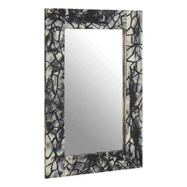 Rectangular mirror with a decorative black and white frame on a white background