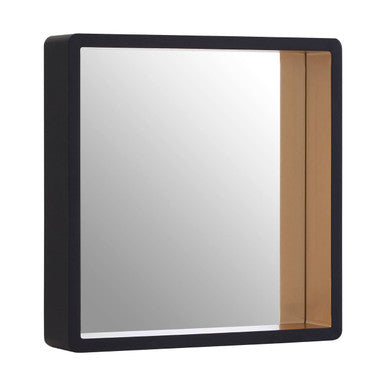 Rectangular mirror with black frame and brown accent on a white background