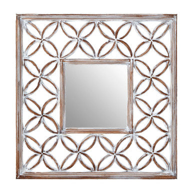 Decorative wall mirror with a geometric lattice frame on a white background