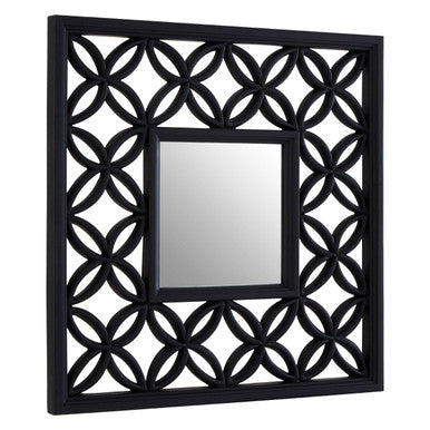 Decorative wall mirror with black geometric frame on a white background