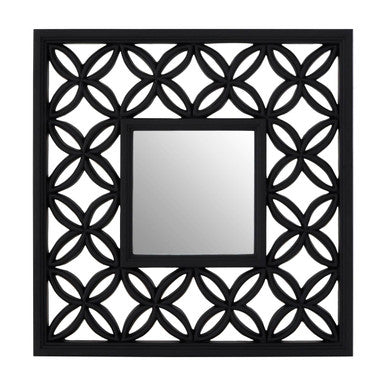 Decorative wall mirror with black geometric lattice frame on a white background
