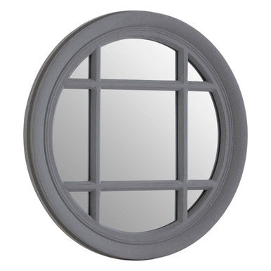 Round mirror with grid design in a gray frame on a white background