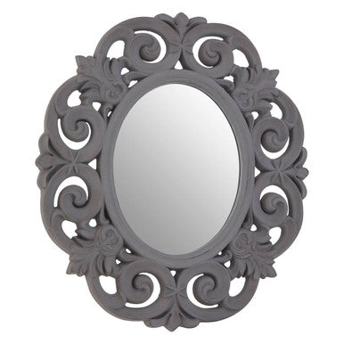 Decorative wall mirror with intricate gray frame on a white background