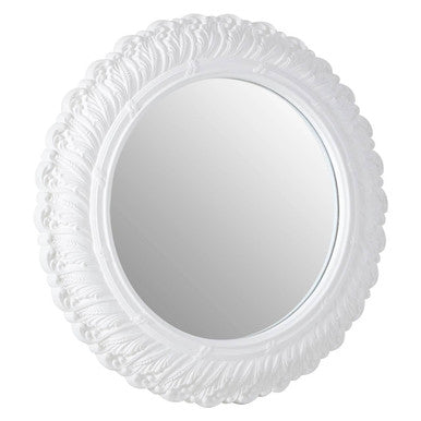 Round decorative mirror with a white frame on a white background