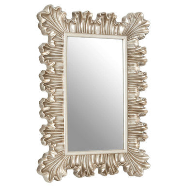 Decorative wall mirror with intricate silver frame on a white background