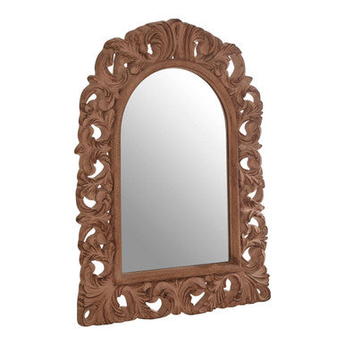 Decorative wooden mirror with intricate carvings on a white background