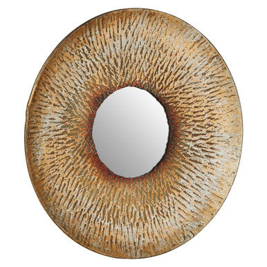 Round decorative mirror with a textured brown frame on a white background
