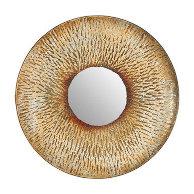 Round decorative mirror with a textured gold frame on a white background