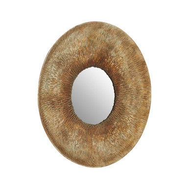 Round wooden mirror with a natural finish on a white background