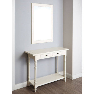 White console table with a mirror above it against a light gray wall.