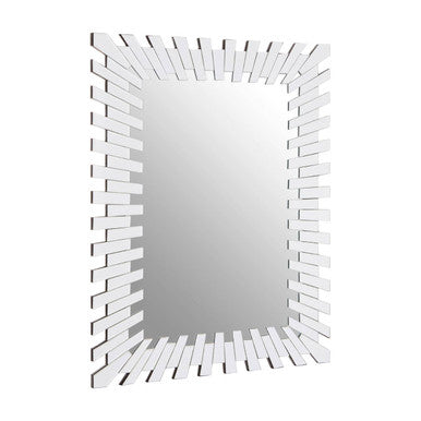 Rectangular mirror with a decorative white frame on a white background