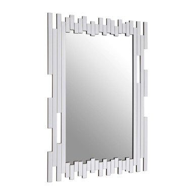 Decorative wall mirror with a geometric silver frame on a white background