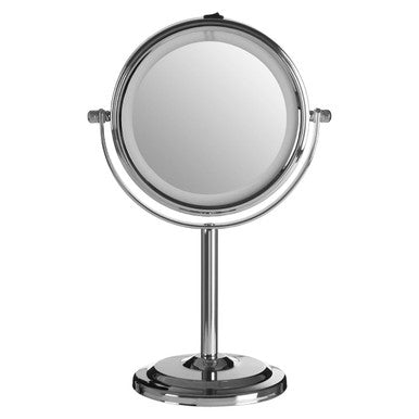 Chrome double-sided makeup mirror on a white background