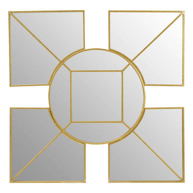 Decorative mirror with geometric gold frame on a white background