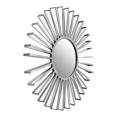 Decorative wall mirror with sunburst design on a white background