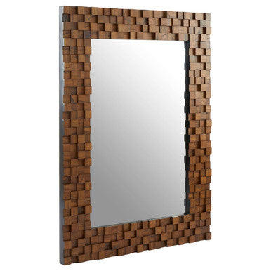 Rectangular mirror with a woven wooden frame on a white background