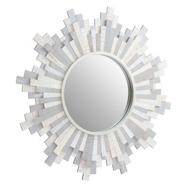 Decorative round mirror with a starburst frame made of small rectangular tiles on a white background